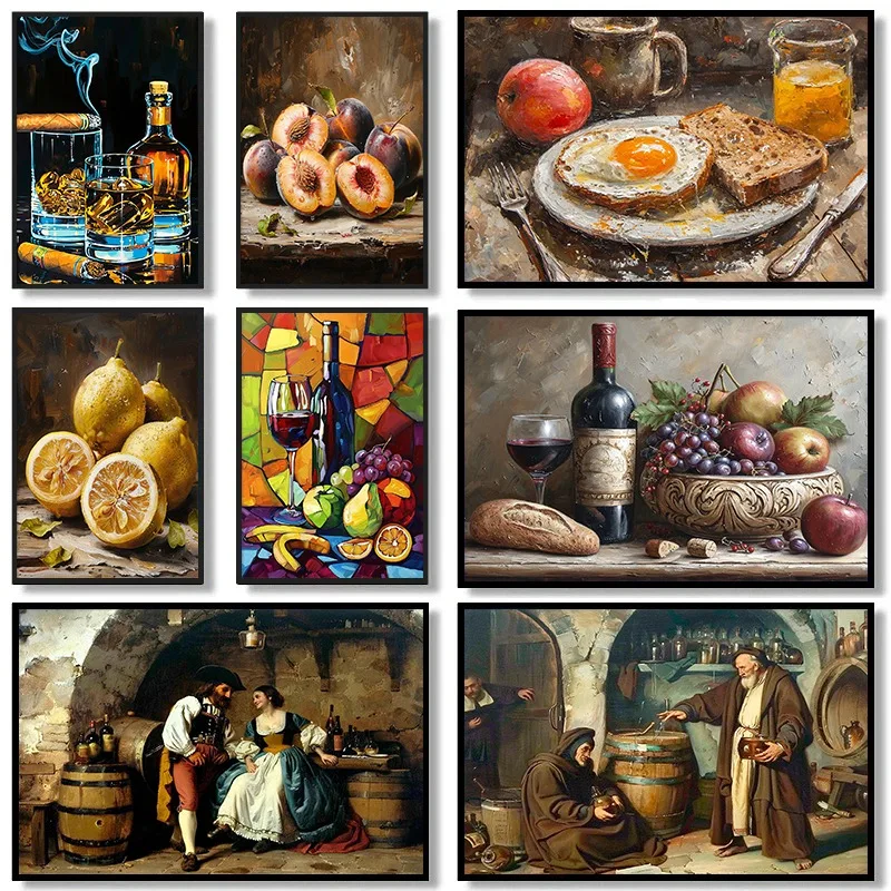 Vintage Weinkeller Scotch Whiskey und Zigarre Obst Essen Poster und Drucke Leinwanddruck Wandkunst Bild für Küche Bar Dekor