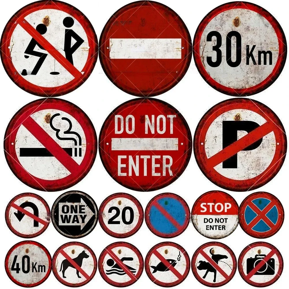 Vintage American Traffic & Prohibition Round Metal Tin Sign Set - Do Not Enter, No Parking, Speed Limit, No Smoking, One Way The
