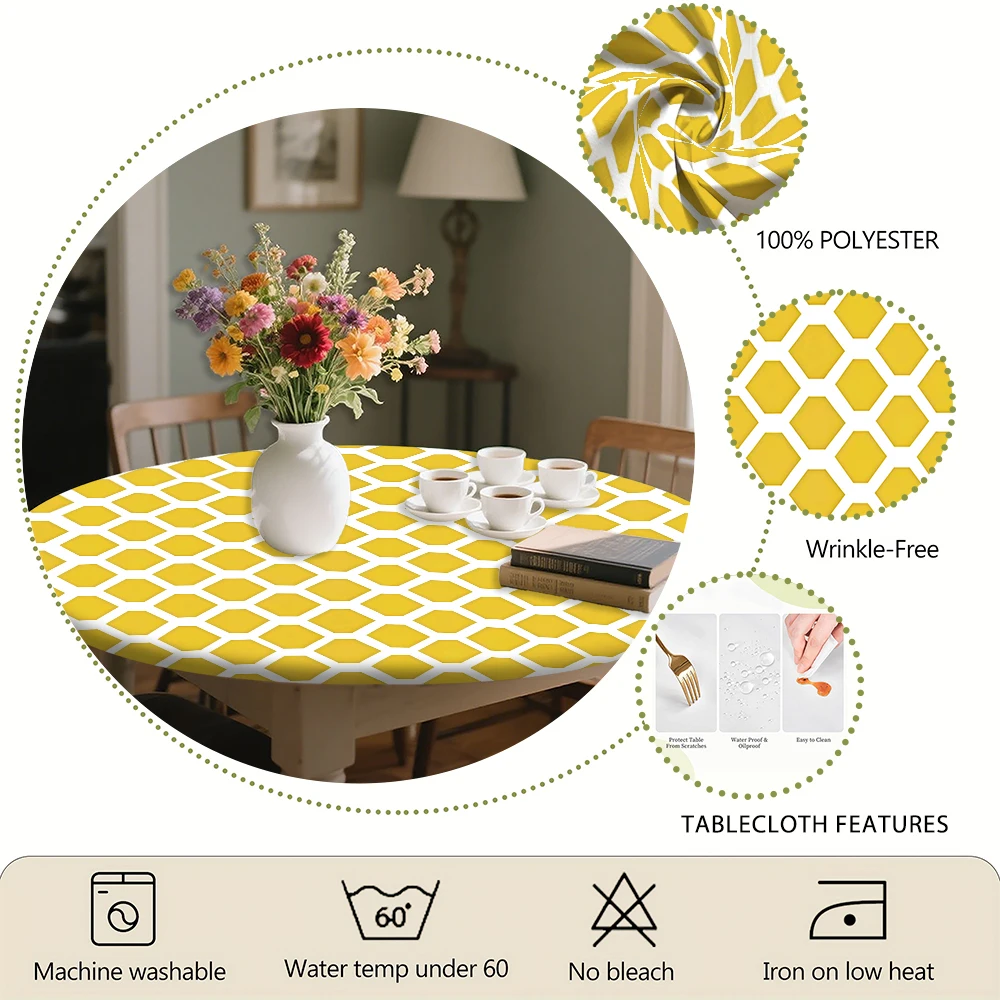 The round elastic tablecloth features a yellow and white hexagonal pattern. Made of polyester, it's suitable for indoor dining r