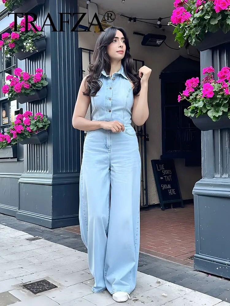 

TRAFZA ​​Female High Street Jumpsuits Denim Blue Sleeveless Backless Pockets Single Breasted Summer Jumpsuit Women 2024 Trendy