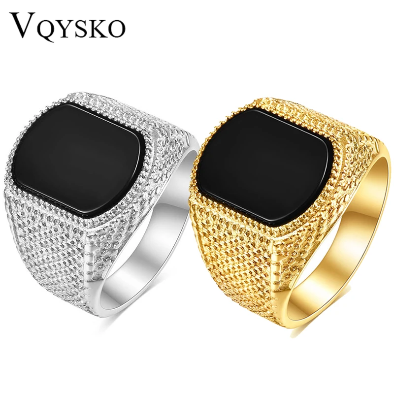 VQYSKO New Fashion Gold Color Chunky Punk Stainless Steel Finger Ring for Men Women Punk Vintage Oval Black Stone Ring