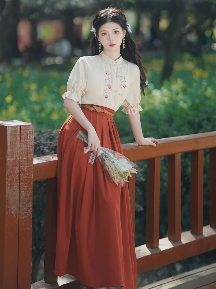 Fashion Sweet Two Piece Skirt Set Women Summer Short Sleeve Embroidery Shirt and Pleated Long Skirts Outfits