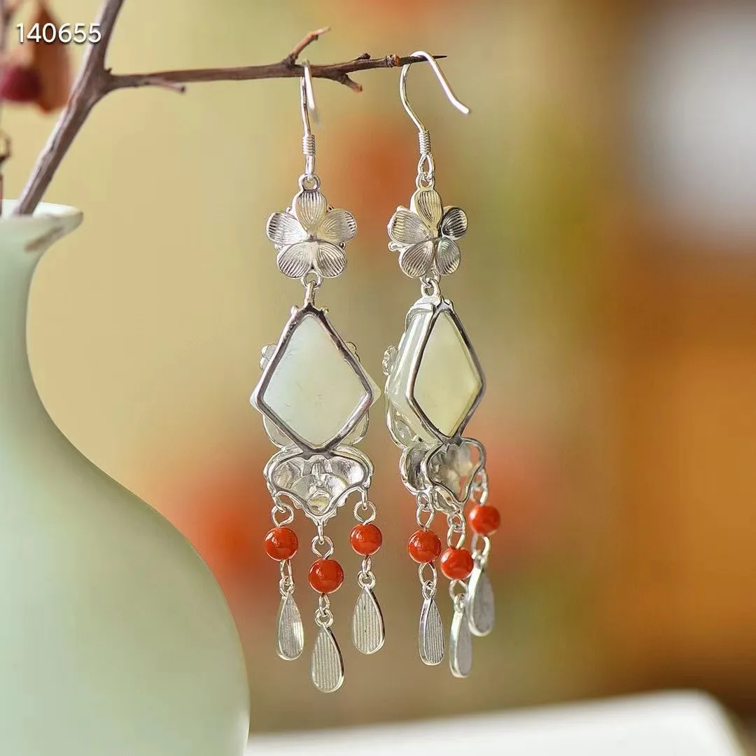 Natural 100% real 925 sterling silver earrings mosaic white hetian jade Magnolia flower fashion Earrings temperament women gift