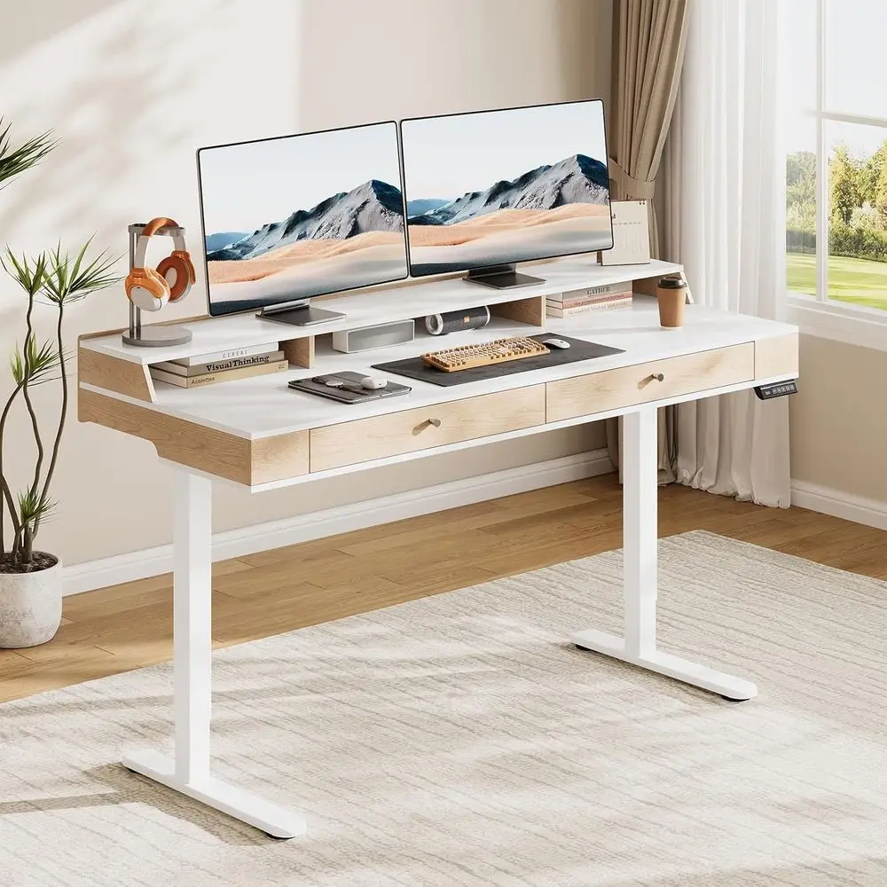

White 55x24 Inch Electric Standing Desk with 2 Drawers, Monitor Shelf, Storage and Digital Memory Controller