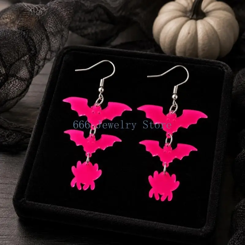 F2TD Seasonal Halloween Earrings Acrylic Bat and Spiders Dangle Pair for Party Looks, Themed Gatherings and Festive Photo