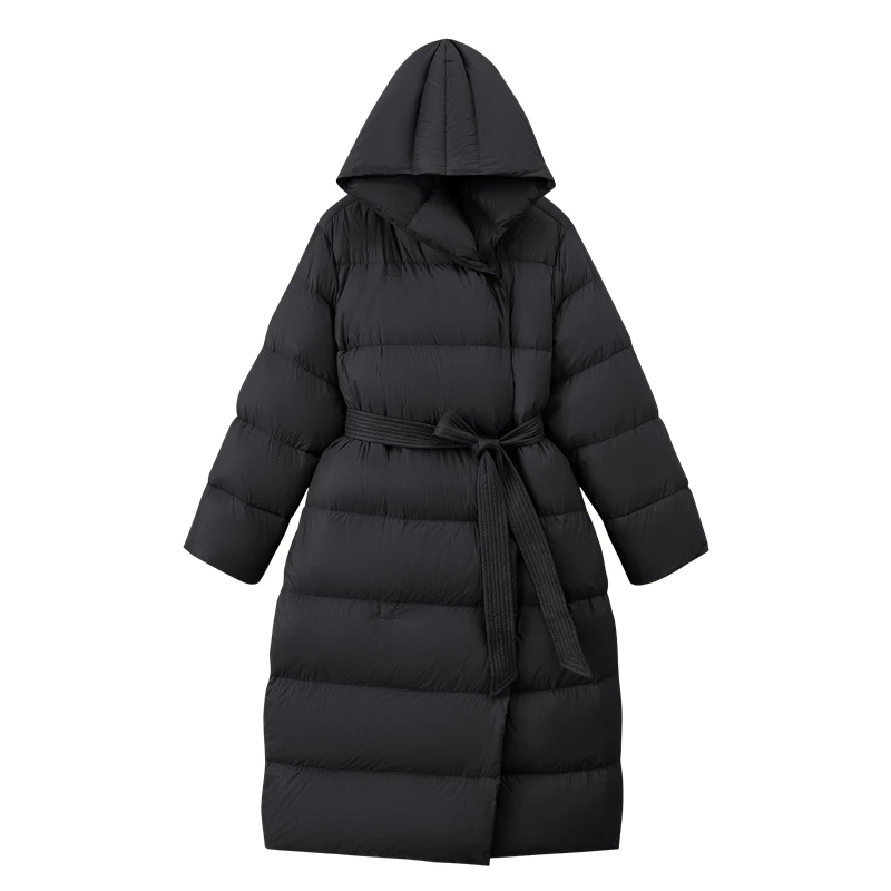 Casaco de puffer sólido com capuz feminino, atadura de botão solto, meio longo, casaco quente fofo, sobretudo todo combinado, nova moda, inverno