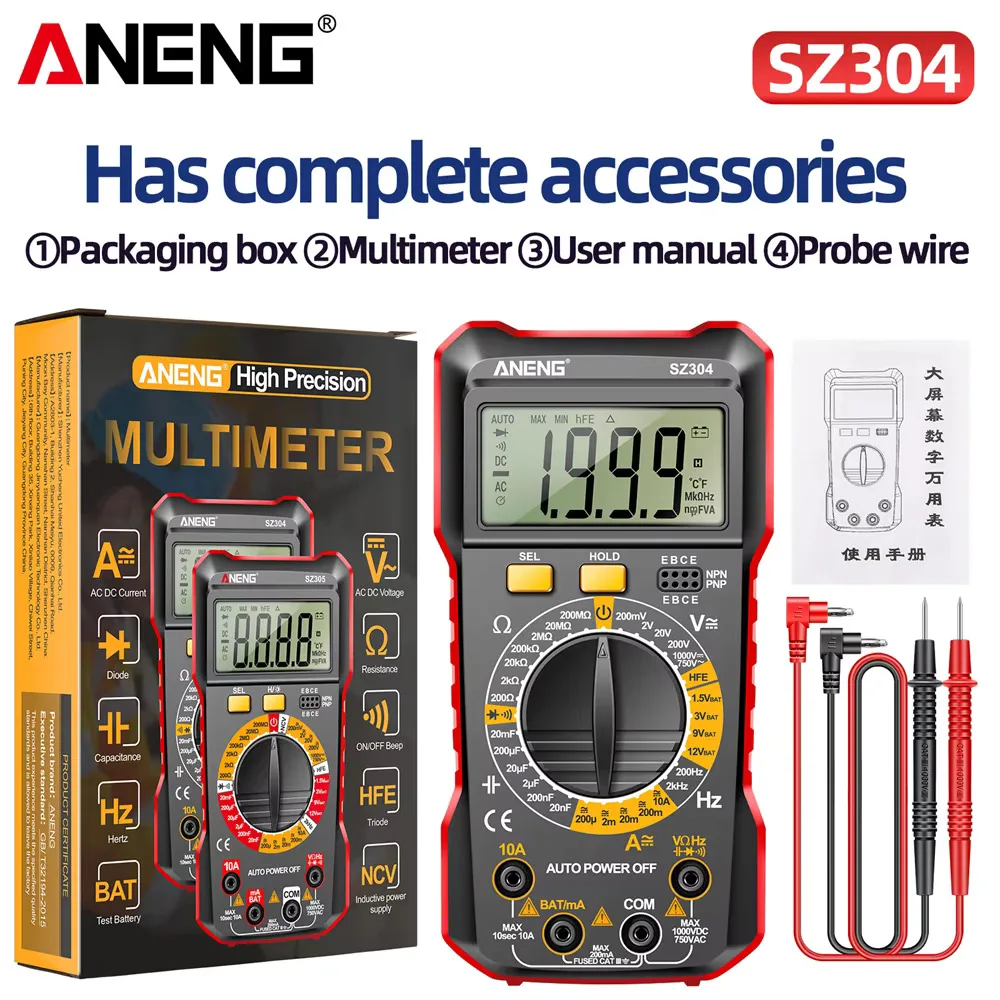ANENG Digital Multimeter Professional Electrician Tool SZ304 True RMS Handheld NCV AC/DC Voltage Current Resistance Triode Teste