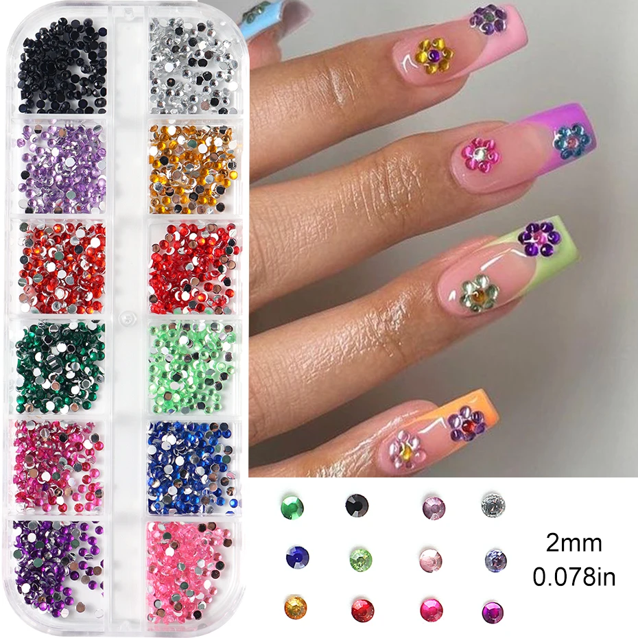 12 สีมินิคริสตัลเล็บ Art Rhinestones 2mm Flatback อัญมณีที่มีสีสันอัญมณีตกแต่งอเนกประสงค์สําหรับเล็บเครื่องประดับอุปกรณ์เสริม