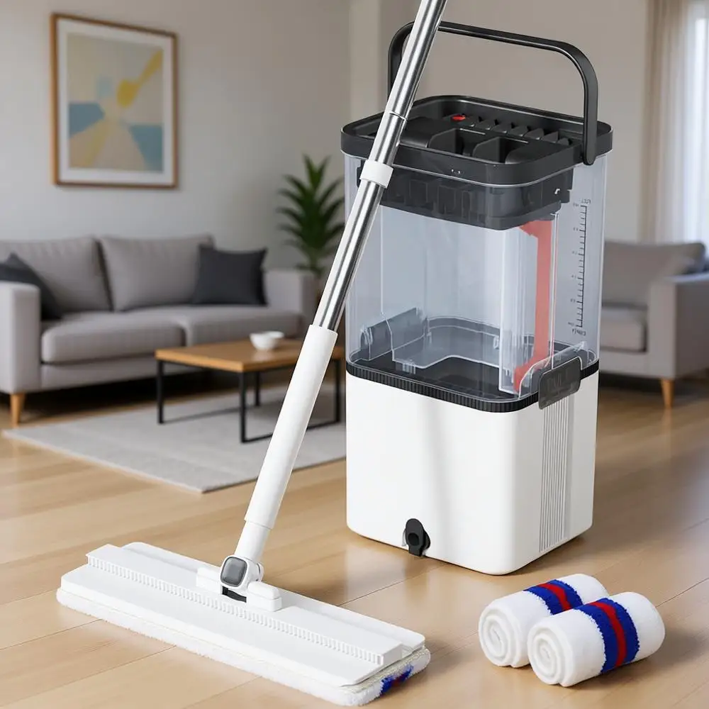 

Upgraded Microfiber Mops and Bucket System with 2 Pads, Mop and Bucket with Wringer Set, Separates Dirty and Clean Water, Wet an