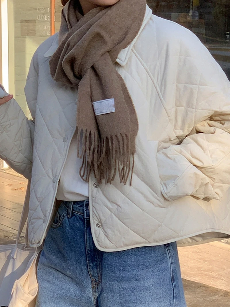 

Ретро-шик: стеганая хлопковая куртка для женщин с ромбовидным узором, теплая, в корейском стиле, свободного кроя, с длинными рукавами и воротником