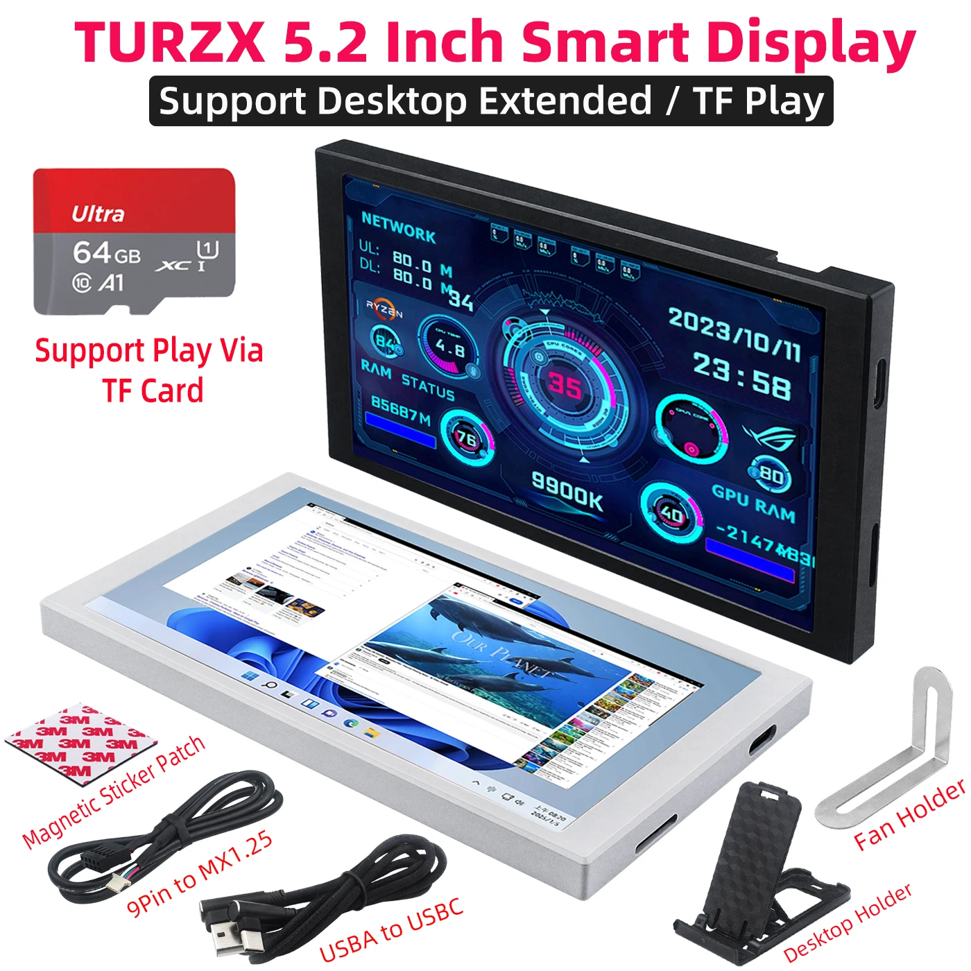 

TURZX 5,2-дюймовый дополнительный USB-экран 1280*720 IPS ЖК-дисплей Поддержка настольного компьютера Удлинительная карта TF Play FPS Монитор погоды Смарт-дисплей