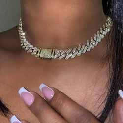 Trend Crystal 14MM Prong Cuban Link Chain For Women Iced Out AAA 2 Row Miami Cuban Chain Choker Necklace Unisex Hip Hop Jewelry