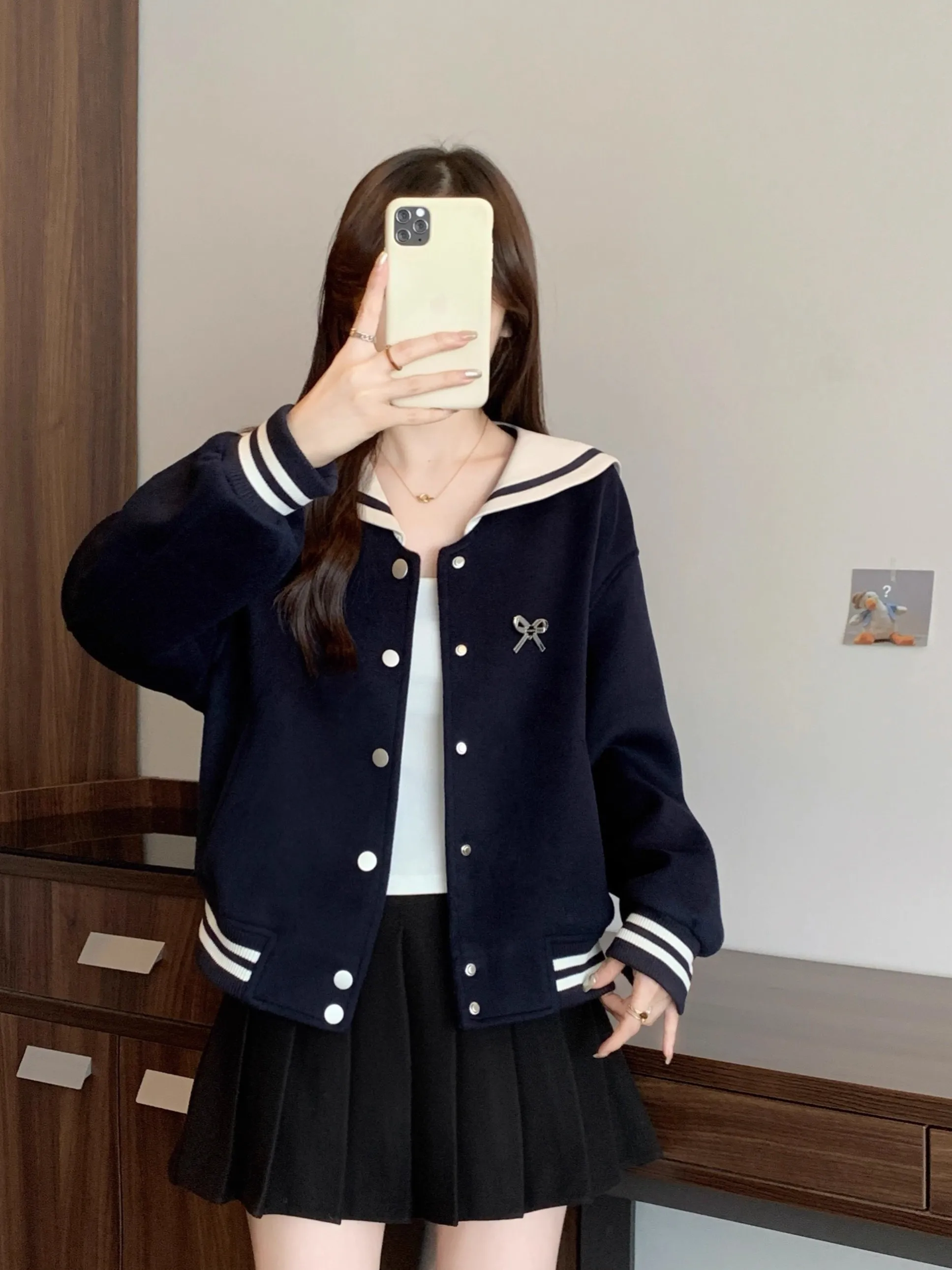 Chaqueta de Mujer con Cuello Marinero, Estilo Coreano, con Nudo, Color Bloque, Antienvejecimiento, para Viajar al Trabajo, Cortavientos