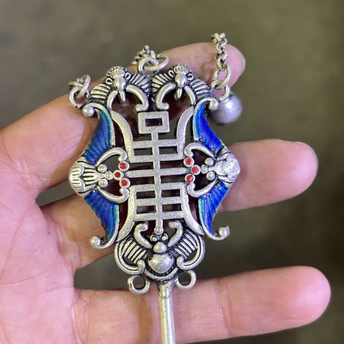 Chinese Traditional Auspicious Longevity Blessing Vintage Silver Cloisonne Enamel Handmade Hair Stick Lucky Fortune Hair Pin For
