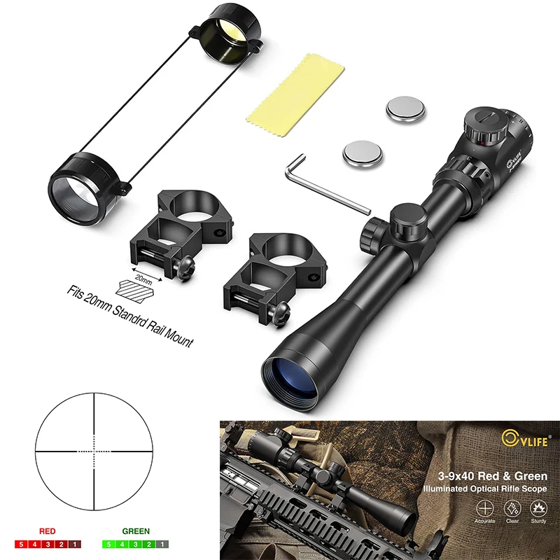 

CVLIFE 3-9x40 Rifle Scope Red & Green Illuminated Optics Riflescope Mil-dot Reticle Sihhts with Mounts for Picatinny Rail Alu