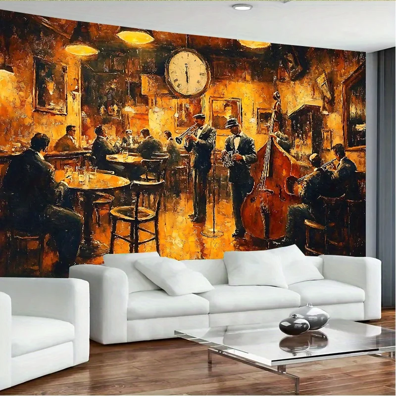 Jazz Band Musicians Saxophone Double Bass Vintage Bar Scene Tapestry Retro Music Wall Art Living Room Decor Soulful Background