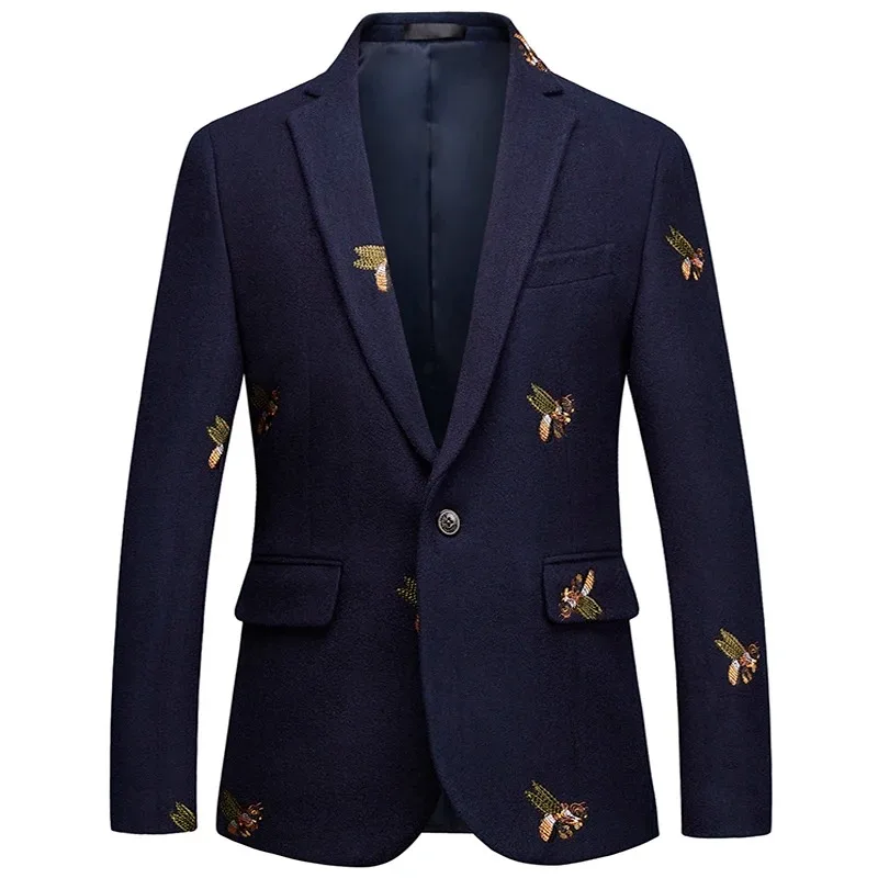 

S-6XL Boutique Fashion Embroidery Men's Casual Business Blazer Male Slim Suit Jacket Navy Blue Wedding Banquet Coat