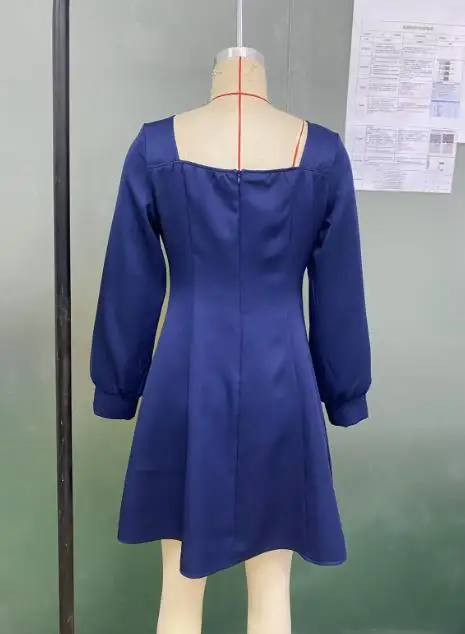 فساتين نسائية 2025 ربيع جديد فستان بأكمام طويلة رقبة مربعة الخصر Cinching سليم يوميا عادية ألف خط فستان قصير #6