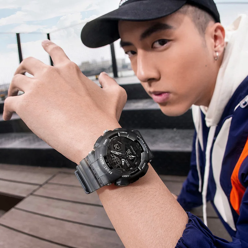 ساعة Timeartx 4370 LED الرقمية الإلكترونية المقاومة للماء، ساعة رياضية رجالية عصرية للأعمال، حزام مطاطي شفاف