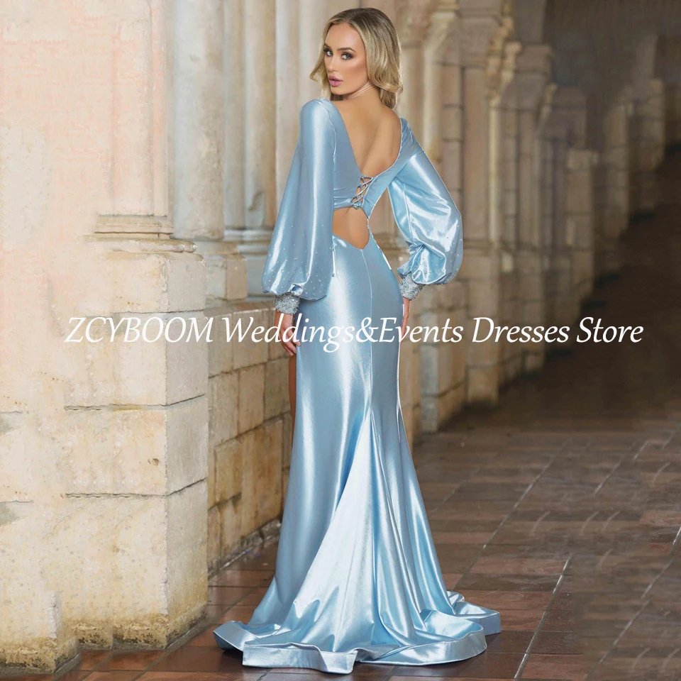Charming Sky Blue V-Neck Sequin Beaded Side Slit Evening Dress 2025 Mermaid Floor Length Sweep Train Open Back Prom Dress