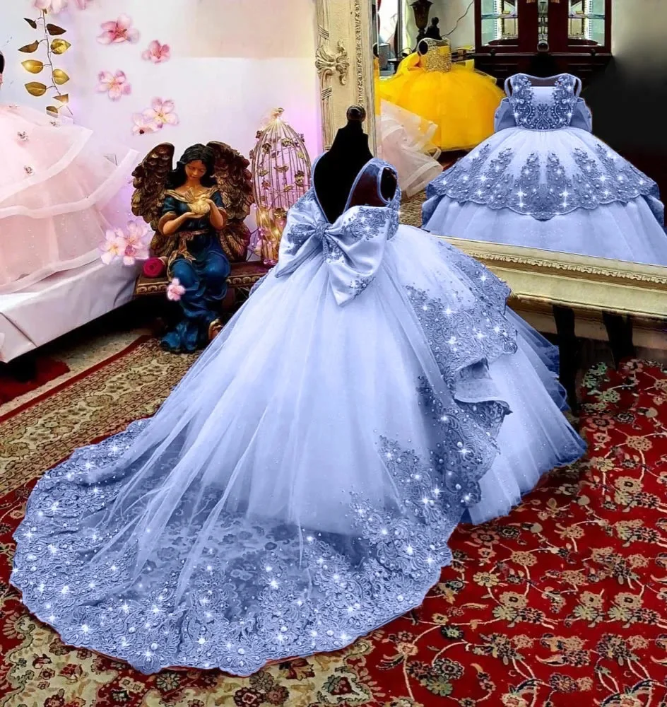 Weiße Blume Mädchen Kleider Hochzeit kleine Mädchen Geburtstags feier Kleid Kleinkinder Perlen Spitze Prinzessin Festzug Kleid nach Maß