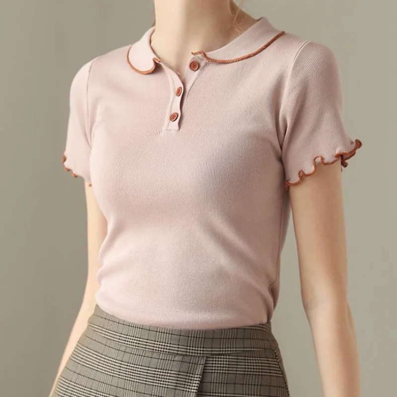 

Polo Collar Short Contrasting Color Slim Fit Ice Silk Knitted T-shirt Simple New Square Collar Top for Women Summer