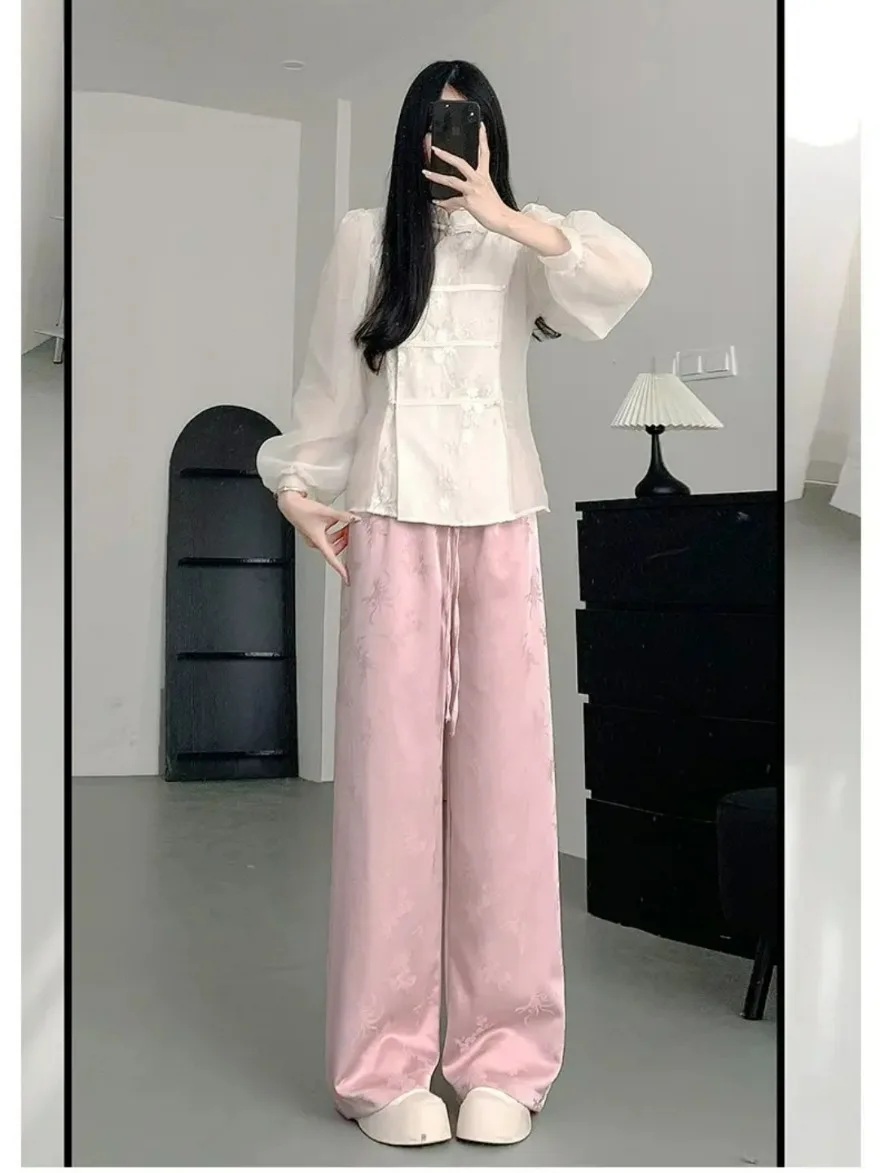 Women Pants Spring Summer Ice Silk Wide Leg Pant 2024 High Waist Loose Straight Casual Pant Female Outdoor Black Trousers Korean