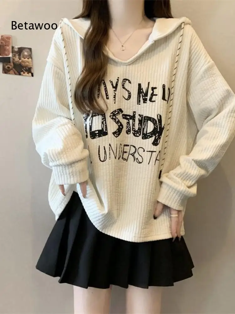 Women Letter Print Ribbed Knit Hoodie V Neck Drawstring Long Sleeve Loose Casual Pullover Sweatshirt for Daily