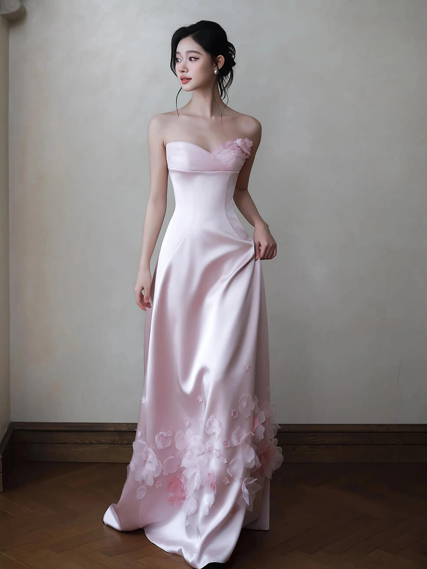 

Нежное цветочное атласное вечернее платье без бретелек для женщин, в стиле принцессы, розовое, для подружек невесты, для вечеринок и торжеств