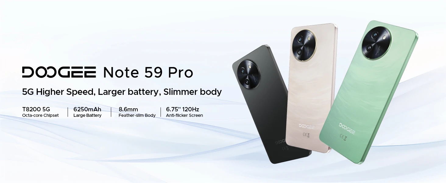 DOOGEE Note59 Pro Android 15 5G Smartphones 6.75" HD+ Mobile Phone 32GB RAM 256GB ROM 6250mAh Battery Global Version NFC Phone