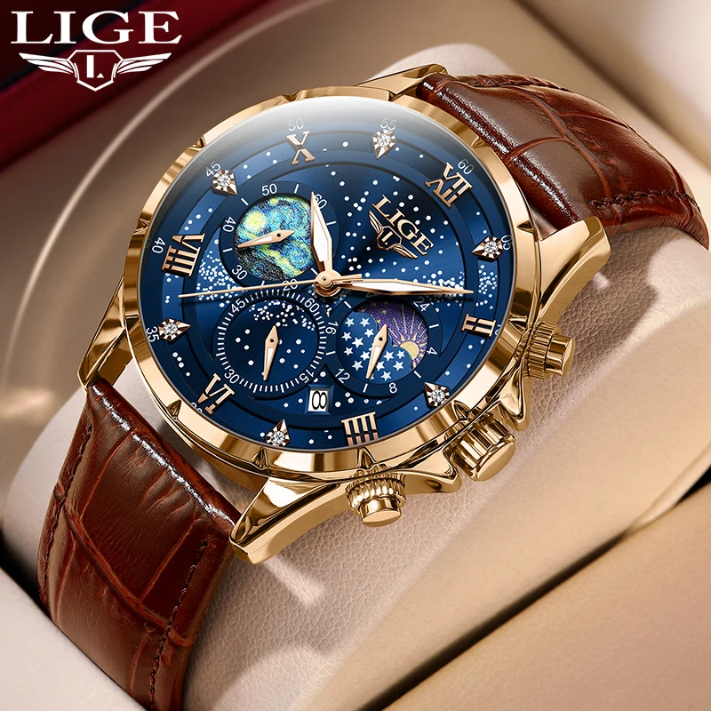 LIGE Creative Starry Night Dial Men Watch Super Luminous Moon Phase Quartz Man Wristwatch Business Leather Watches Mens Date