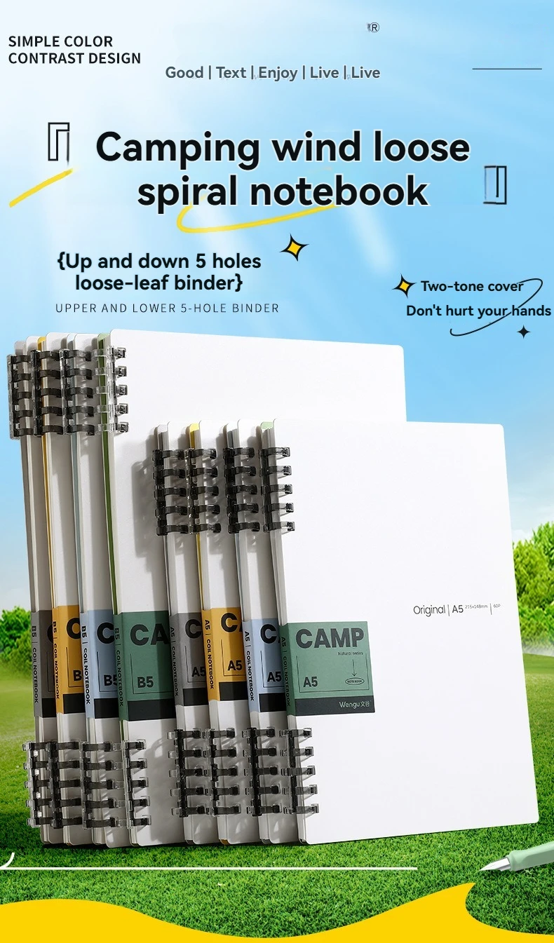A5/B5 Fünf-Loch-Clip-Notizbuch für lose Blätter, B5, nicht reizend, abnehmbar, einfarbig, minimalistisches A5-Notizbuch, Hartschalen-Spulen-Notizbuch – Detail 10