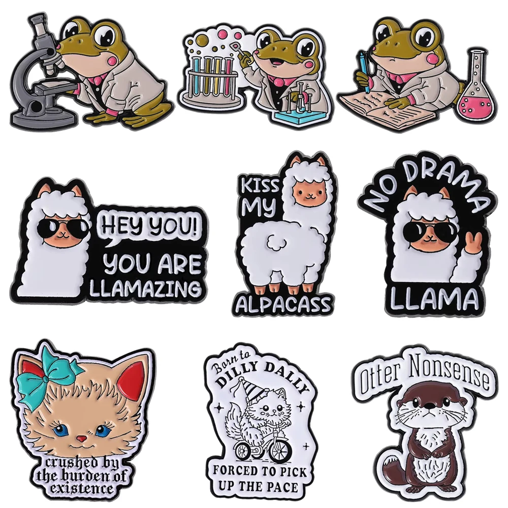 

Custom No Drama LLama Letters Brooch Cartoon Sheep Experimental Doctor Frog Bow Cat Squirrel Lapel Badges Backpack Jewelry Gifts