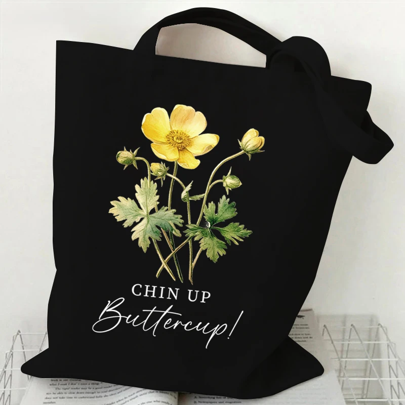 Boho Vintage Wildflower Design Canvas Shopping Bag Women Positive Quotes Print Storage Handbags Retro Flower Storage Tote Bags