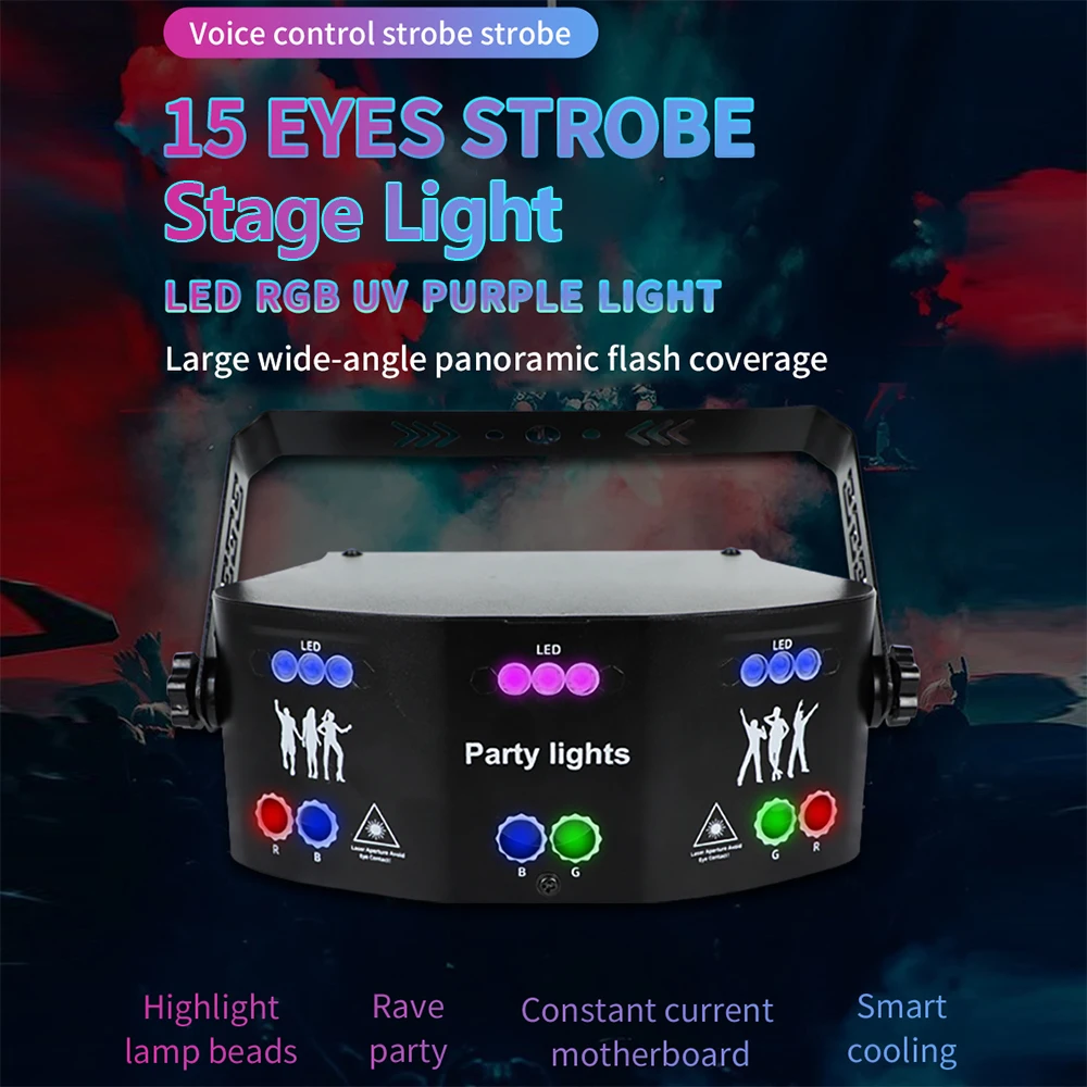 Party DJ Disco Lights, 15-Eye Beam Pattern RGWB Projector Strobe Stage Dmx Multi-Control Mode with Remote Control for Party Bar