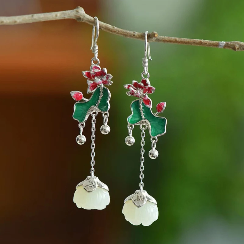 Original design hetian jade lotus bead earrings for women long Chinese style enamel porcelain lotus leaf silver jewelry gift