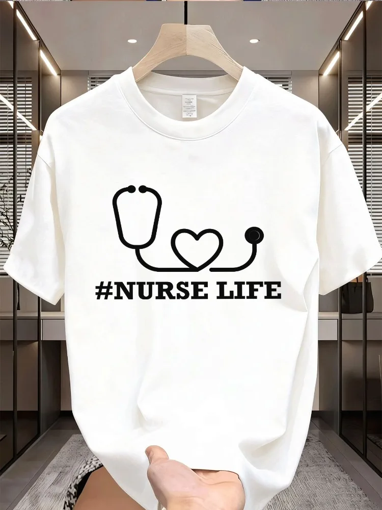 T-shirt d'été en coton à manches courtes pour homme, col rond, imprimé stéthoscope et cœur, style décontracté, coupe ample, pour infirmiers et professionnels de la santé, tendance