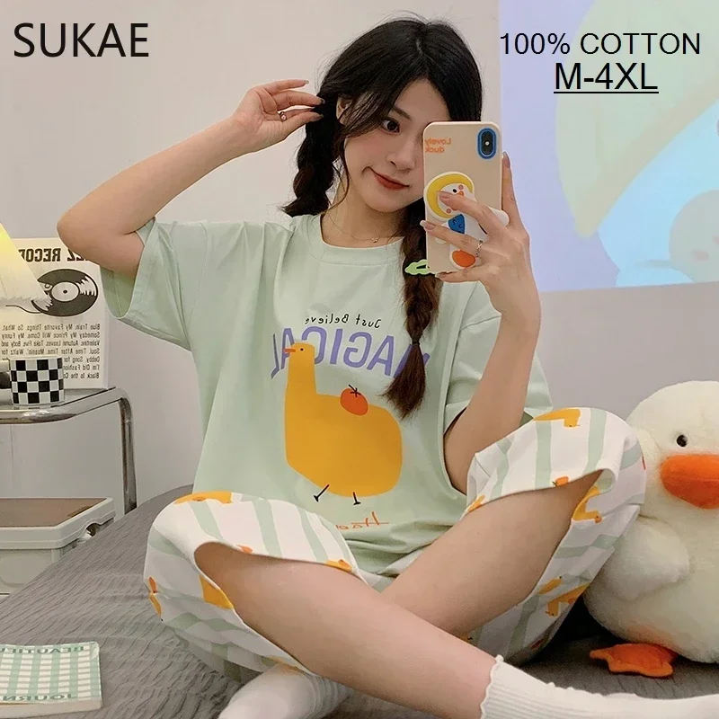 SUKAE 100% Cotton M-4XL Women Pajamas Set Summer Sleepwear Short Knee-length Pants Nightwear Capris Loungewear Cartoon Pijama