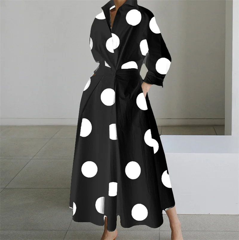 Women Autumn Dress Long Sleeve Dot Print Elegant Maxi Dress For Women 2024 White Casual V Neck Shirt Party Long Dress Robe Femme