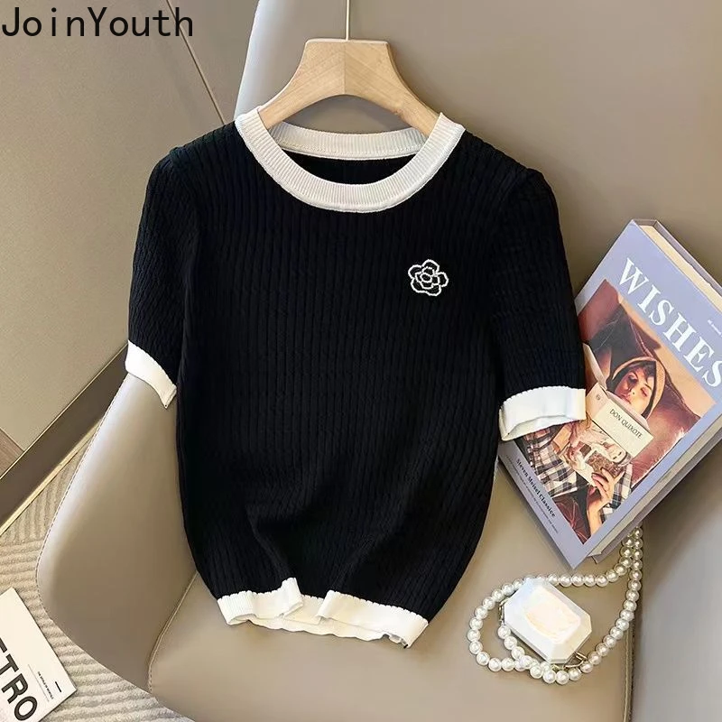 Knitted Woman Tshirts Ropa Mujer Short Sleeve O-neck Summer Tees Loose Fashion Korean T Shirt Crop Tops 2024 Shirts for Women