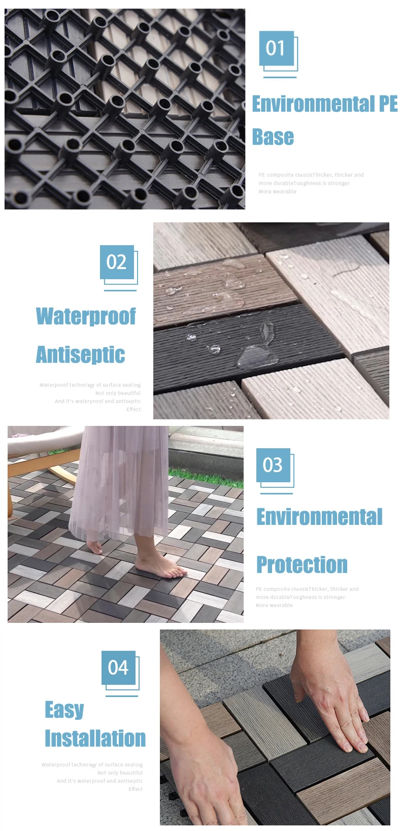 Mediterranean Style Wood Garden Decking Tiles, Eco-friendly, Waterproof, Antiseptic, Balcony, Outdoor Floor Board, 11Pcs per Box