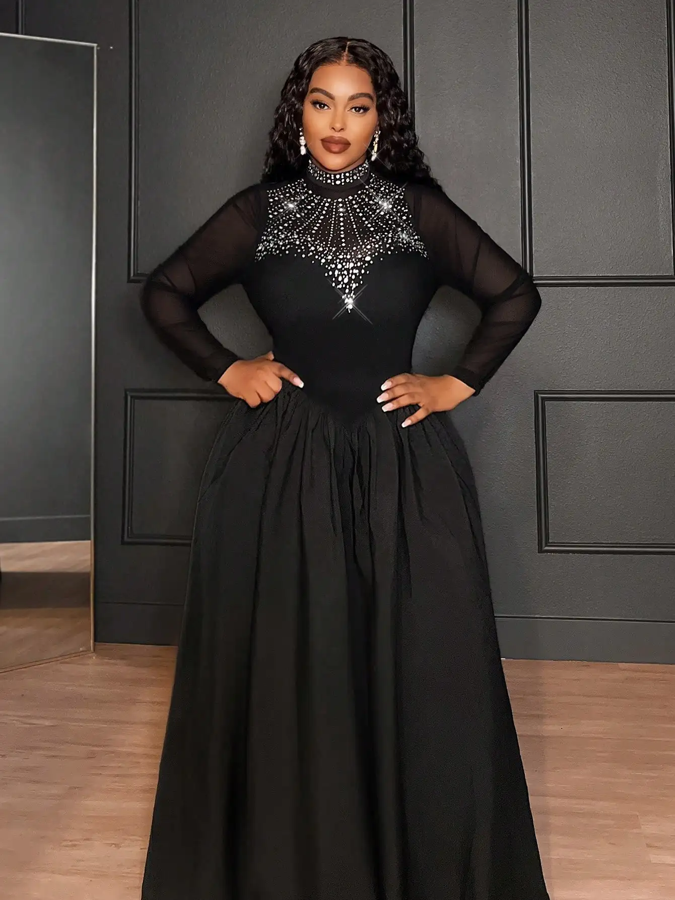 

Elegant Rhinestone Sheer Long Sleeve High Neck Floor Length Black Dress For Formal Evening Party