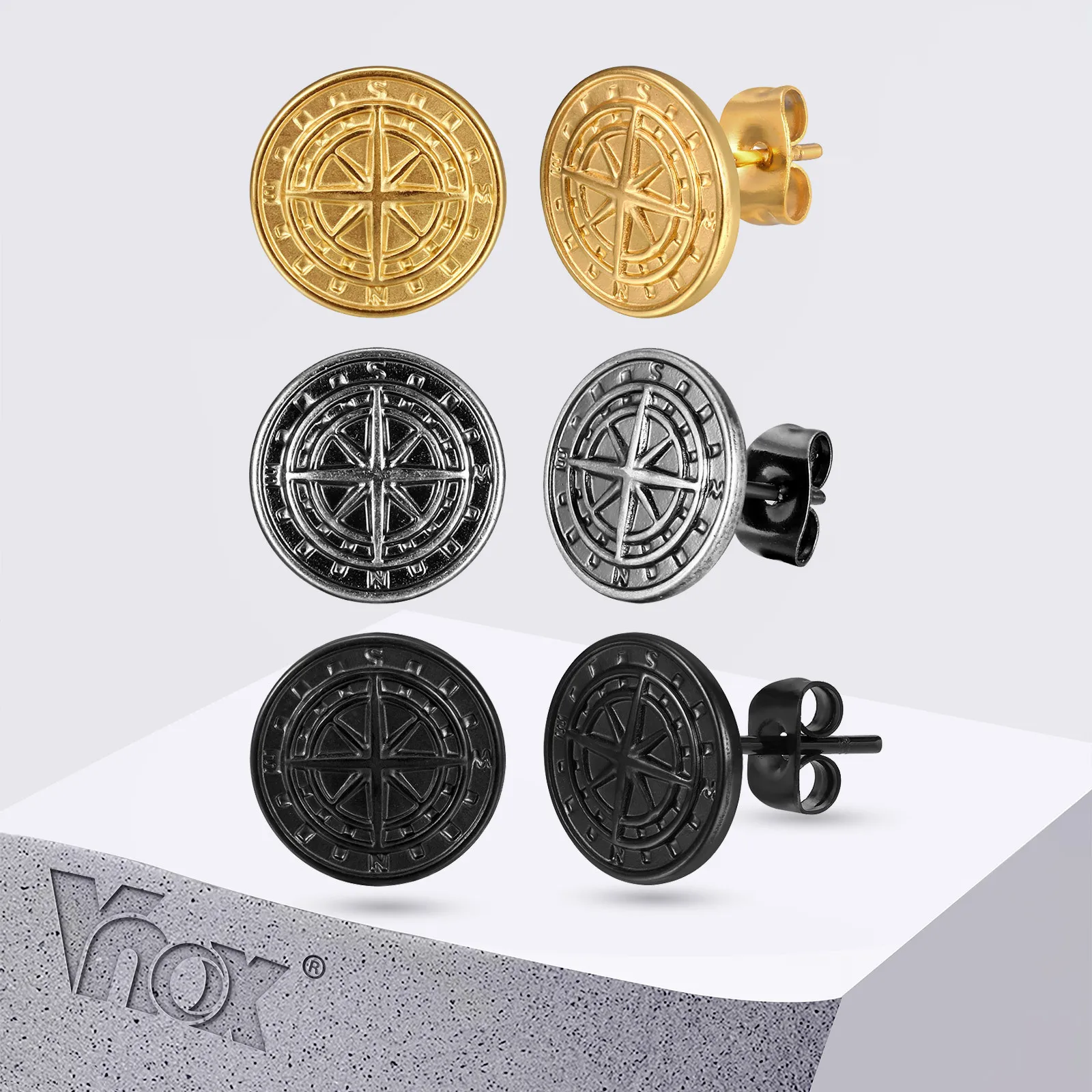 Vnox Antique Navigation Compass Stud Earrings for Men, Push Back Ear Jewelry, Oxidized Stainless Steel Vintage Piercing Earrings