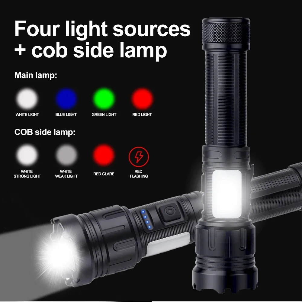 30W 4 in 1 Zoomable Hunting Flashlight 4000LM White+Green+Red+Blue 7 Modes Multi-color Outdoor Waterproof Type-C Charging Torch