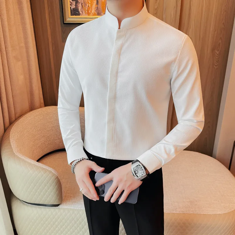 Men\'s Shirts Luxury Spring Stand Collar Long Sleeve Shirts For Man All Match Korean Slim Fit Plaid White Office Blouse Homme