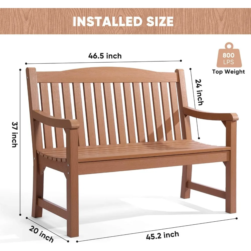 Outdoor Bench, All Weather Resistant Poly Lumber 2-Person Weatherproof, Not Rot and Fade, Easy Maintenance, Long Chairs