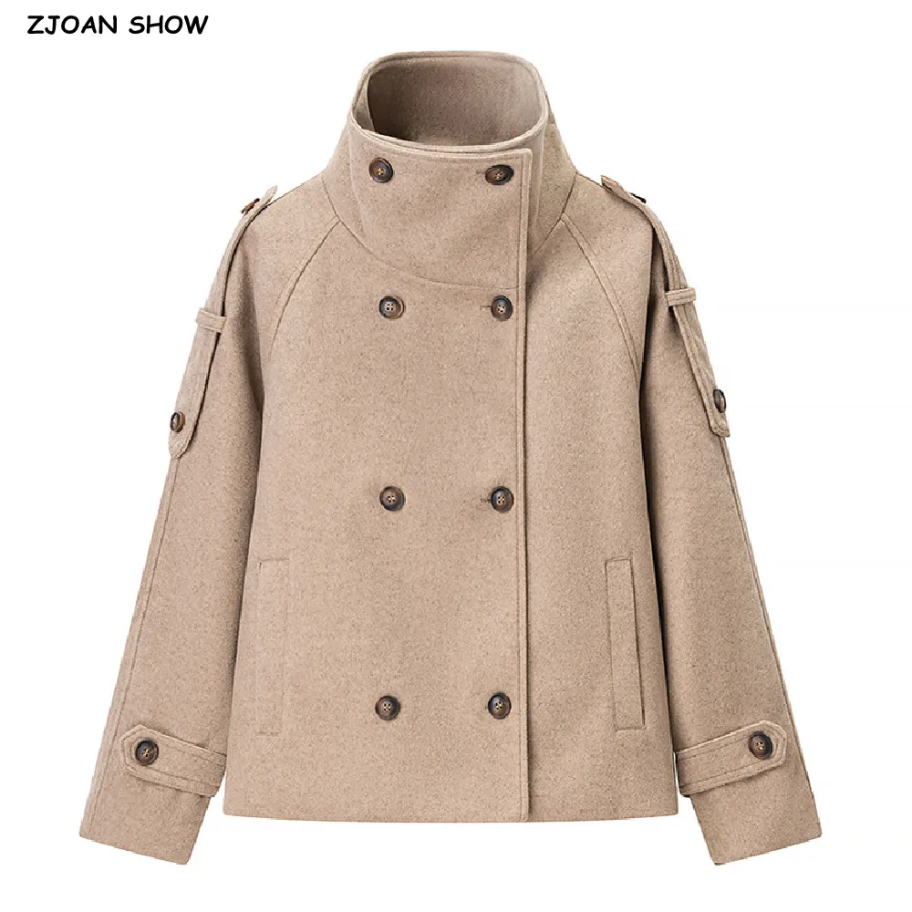 New Autumn Safari Khaki Soft Woolen Jacket Women Lapel Collar Double-breasted Buttons Long Sleeve Short Coat Loose Outerwear