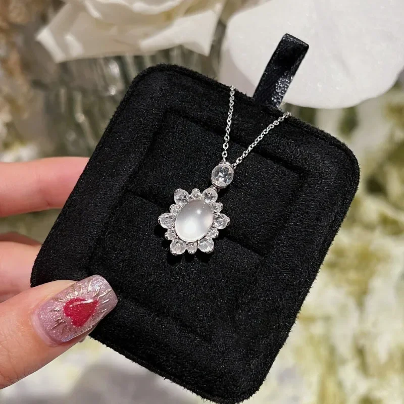 High grade natural high ice chalcedony sunflower pendant silver 925 light luxury necklace fashion collar chain wedding jewelry