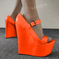 LAIGZEM Women Pumps Open Toe 20CM High Heels Sandals Shiny Party Buckle Straps Handmade Lady Shoes Woman Large Size 38 44 46 48