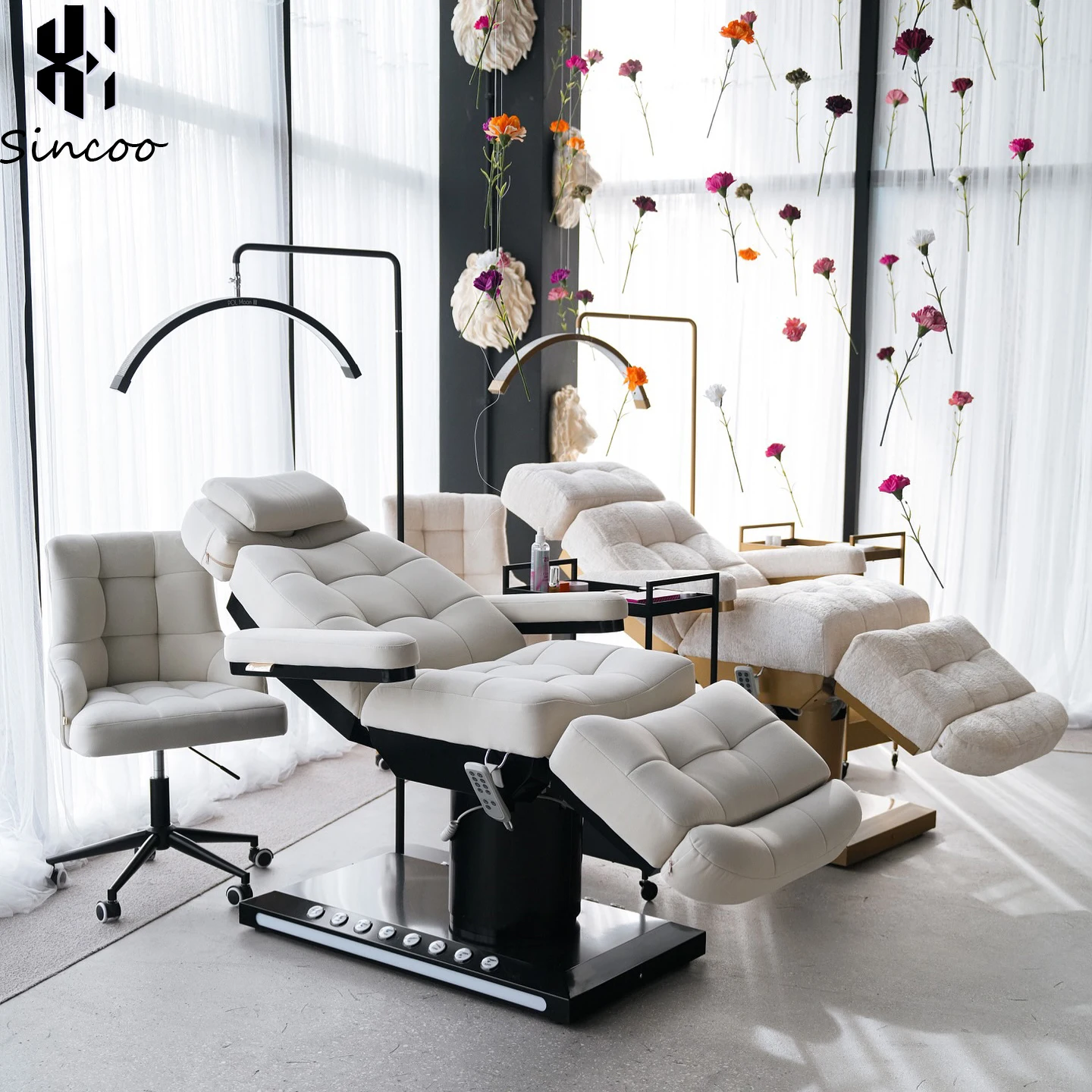 Wholesale Luxury Golden Base Electric Beauty Bed Leather Multifunction Massage Bed Salon Electric Facial Eyelash Lash Bed